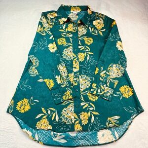Masseys Floral Button Down Shirt Womens 16W Teal Yellow Cotton Long Sleeve Tunic